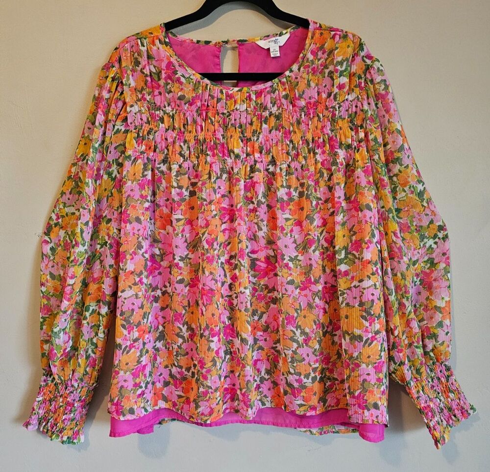 Pink layered floral, Plus 1X, pink, layered, long sleeve blouse, romantic